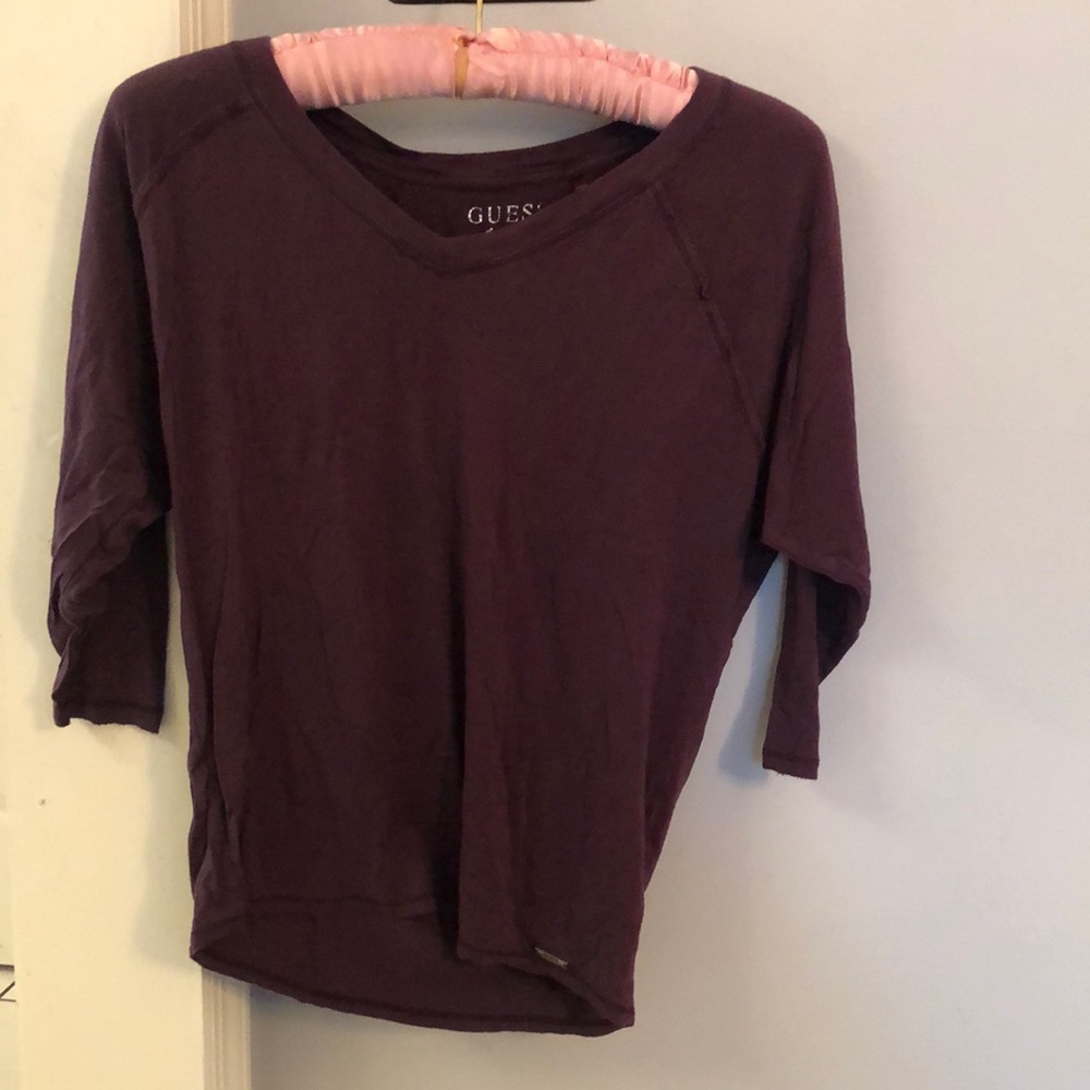 GUESS V-neck three quarter sleeve eggplant color top, 17” pit to pit, XS